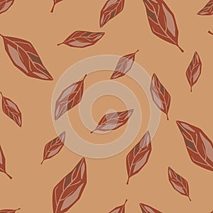 Random autumn seamless pattern with doodle brown leaf elements. Beige background