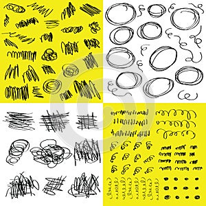 Random black hand drawn doodle and scribbles design elements set on white and yellow