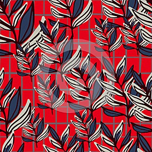 Random bright floral seamless pattern with branches. Red chequered background with navy blue and grey leaves