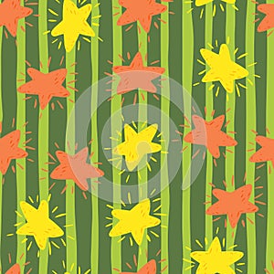 Random cartoon kids seamless star pattern. Space ornament in yellow and pink colors on green striped background