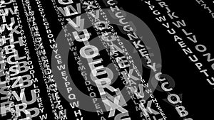 Alphabet letters on black dynamic composition of chaotic, creative and stylish typography pattern as modern art concept