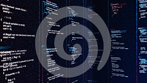 Random code in columns running on a computer screen, cypher or program source code scrolling on dark background photo