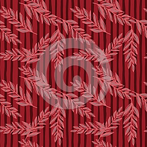 Random contoured leaf branches seamless doodle pattern. Christmas style. Red background with strips