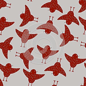 Random contrast seamless pattern with maroon flying birds ornament. Light blue background