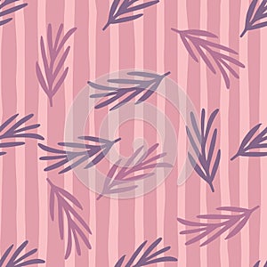 Random doodle seamless pattern with pink and purple leaf branches shapes. Striped background