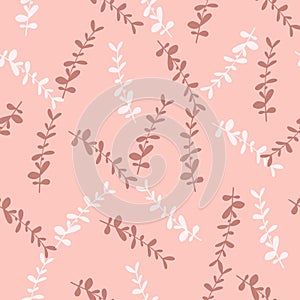 Random eucalyptus leaf branches seamless pattern. Hand drawn botanic style. Pink pastel background