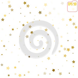 Random falling gold stars on white background. Glitter pattern f