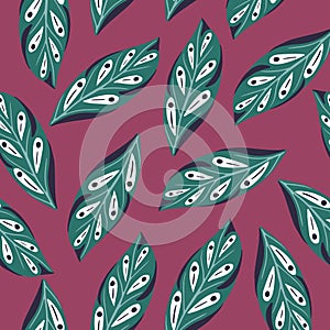Random geometric leaf silhouettes seamless pattern in hand drawn style. Dark pink background. Simple print