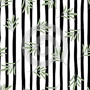 Random green colored simple leaf branches silhouettes seamless pattern. Black and white striped background