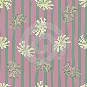 Random green doodle palm licuala leaf seamless foliage pattern. Pink and green pastel striped background