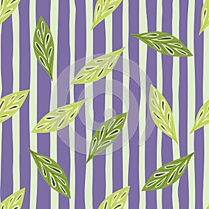 Random green leaf silhouettes seamless doodle pattern. Navy blue striped background. Spring artwork