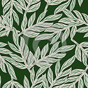 Random grey leaf branches silhouettes seamless doodle pattern. Dark green background. Doodle style