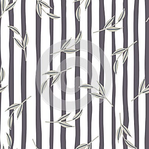 Random grey simple leaf branches seamless pattern. Grey and white striped background. Doodle style