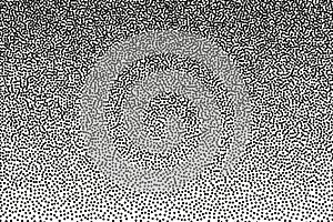 Random halftone. Pointillism style. Background with irregular, chaotic dots, points, circle. Abstract monochrome pattern.