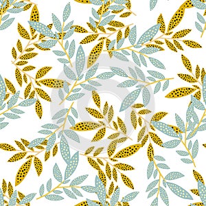 Random herbal seamless pattern with leaf branches. Yellow and blue botanic ornament on white background. Isolated backdrop