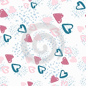 Random isolated love seamless pattern with heart figures. Pink and blue hand drawn ornament on white background with splashes