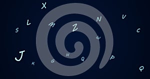 Random letters in the alphabet floating forward in a vast empty space