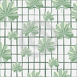 Random light green abstract jungle leaf elements seamless pattern. Grey chequered background. Doodle print
