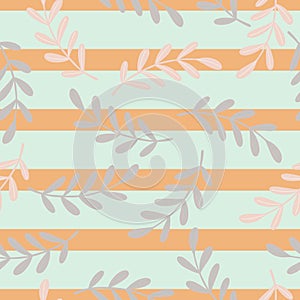 Random light grey leaf branches print seamless pattern. Orange and blue colored striped background