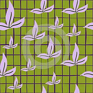 Random light purple simple leaf print seamless pattern. Green chequered background