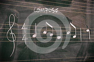 Random music notes on a blackboard