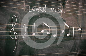 Random music notes written on a blackboard. Learn or teach music concepts