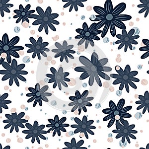 Random nature seamless pattern with navy blue flowers simple print. Isolated floral backdrop. Bubbles print