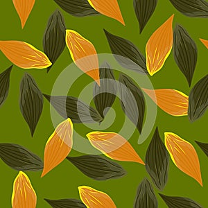 Random orange and green leaf ornament seamless pattern. Green background. Botanic autumn falling artwork