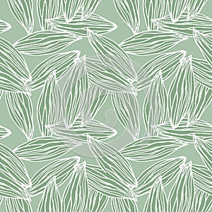 Random pale green leaf abstract outline seamless pattern. Light contoured botanic ornament