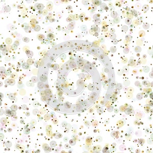 Random pale multicolored circles with different sizes. Pink, gery, green and yellow colors on the white background. Seamless