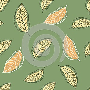 Random pastel palette seamless leaf pattern. Outline stylized ornament in orange color on green background