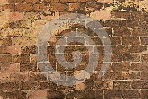 Random pattern rustic of brown color natural clay old brick in the wall background