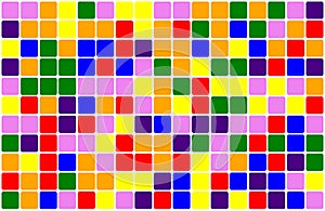 Abstract background of random pattern of squares filled with the colors of rainbow with white rounded borders