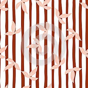 Random pink minimalistic leaf ornament seamless pattern. Red and white striped background