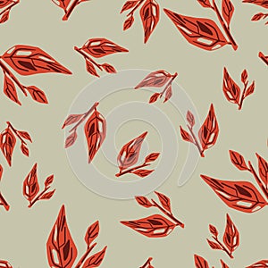 Random red autumn leaf branches seamless pattern. Grey background. Nature botanic artwork