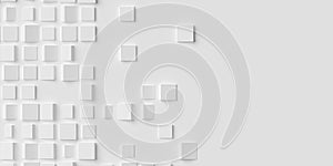Random rotated and scaled small white cube boxes block geometrical background wallpaper banner or template with copy space