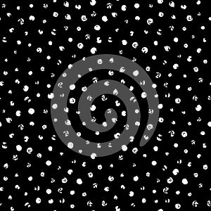 Random scattered polka dot pattern, abstract black and white background, white dots on black