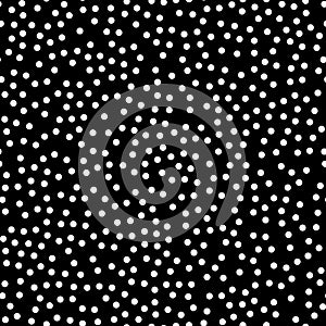 Random scattered polka dot pattern, abstract black and white background, white dots on black