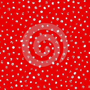 Random scattered polka dot pattern, abstract red and white background, white dots on red