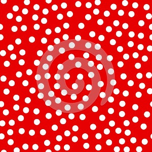 Random scattered polka dot pattern, abstract red and white background, white dots on red