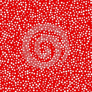 Random scattered polka dot pattern, abstract red and white background, white dots on red