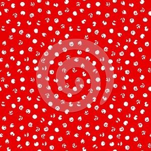 Random scattered polka dot pattern, abstract red and white background, white dots on red