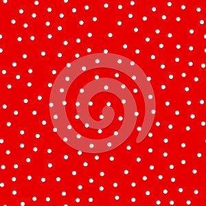 Random scattered polka dot pattern, abstract red and white background, white dots on red
