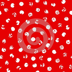 Random scattered polka dot pattern, abstract red and white background, white dots on red