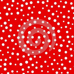 Random scattered polka dot pattern, abstract red and white background, white dots on red