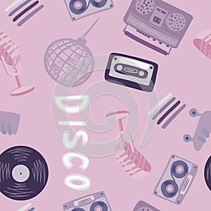 Random seamless disco pattern with ball, microphone, rollers, cassette, tape recorder, vinyl, record sornament. Purple and lilac