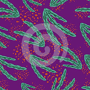 Random seamless doodle pattern with abstract bright green seaweed foliage shapes. Purple background with splashes