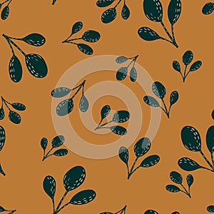 Random seamless doodle pattern with autumn simple leaf silhouettes. Brown ornament on orange background