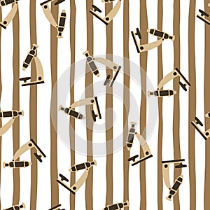 Random seamless doodle pattern with beige microscope silhouettes. Striped background with white and brown lines.