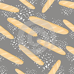 Random seamless doodle pattern with orange colored baguettes ornament. Grey background with flour